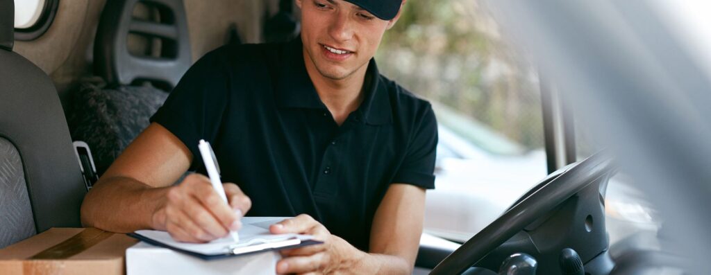 WHG Brighton Delivery driver signing for parcel